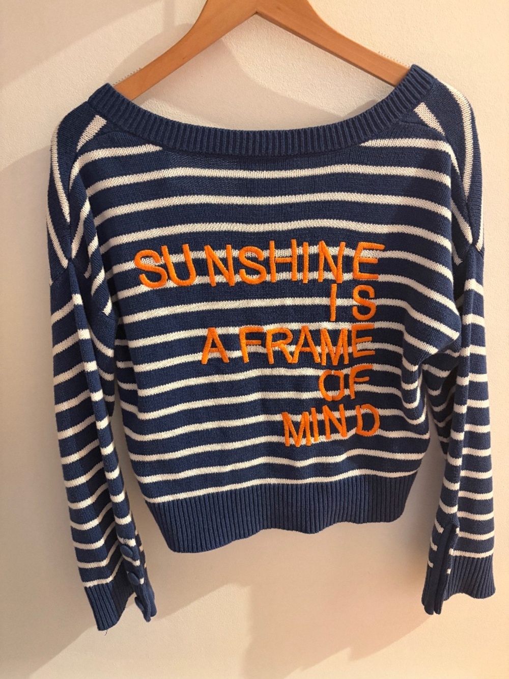RARE KERRI ROSENTHAL XO KR Blue Striped Sweater "Sunshine Is A Frame Of Mind" M